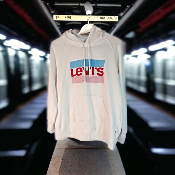 Levi's Retro White Long Sleeve Hoodie, Drawstring, Colorblock Logo, Unisex S - Picture 1 of 13